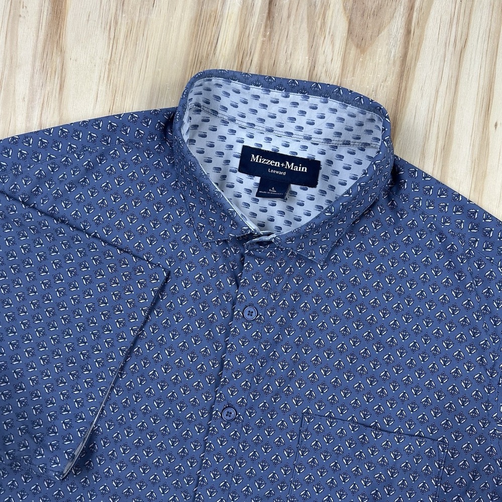 Mizzen+Main Men's Large Blue Pattern Trim Fit Short Sleeve Button Up Shirt